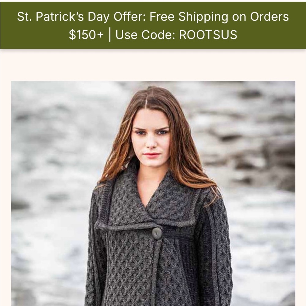 Stay warm this St. Patrick’s Day! Aran Crafts Cable Knit Shawl Collar Cardigan
